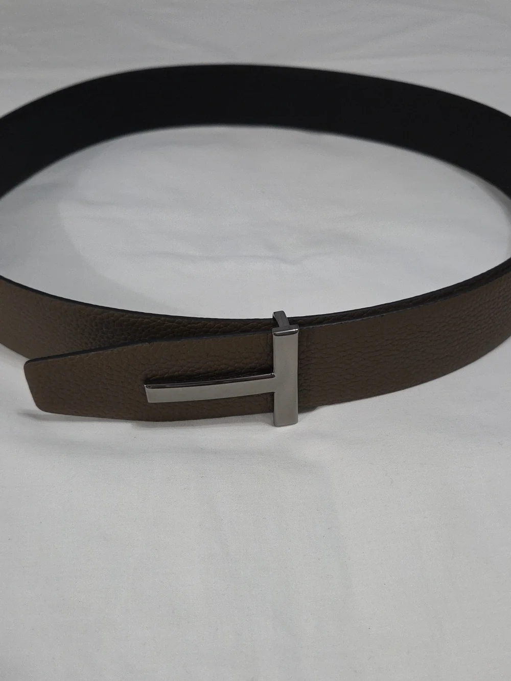 Tom Ford Black Brown Leather Belt with Black Chrome T Buckle
